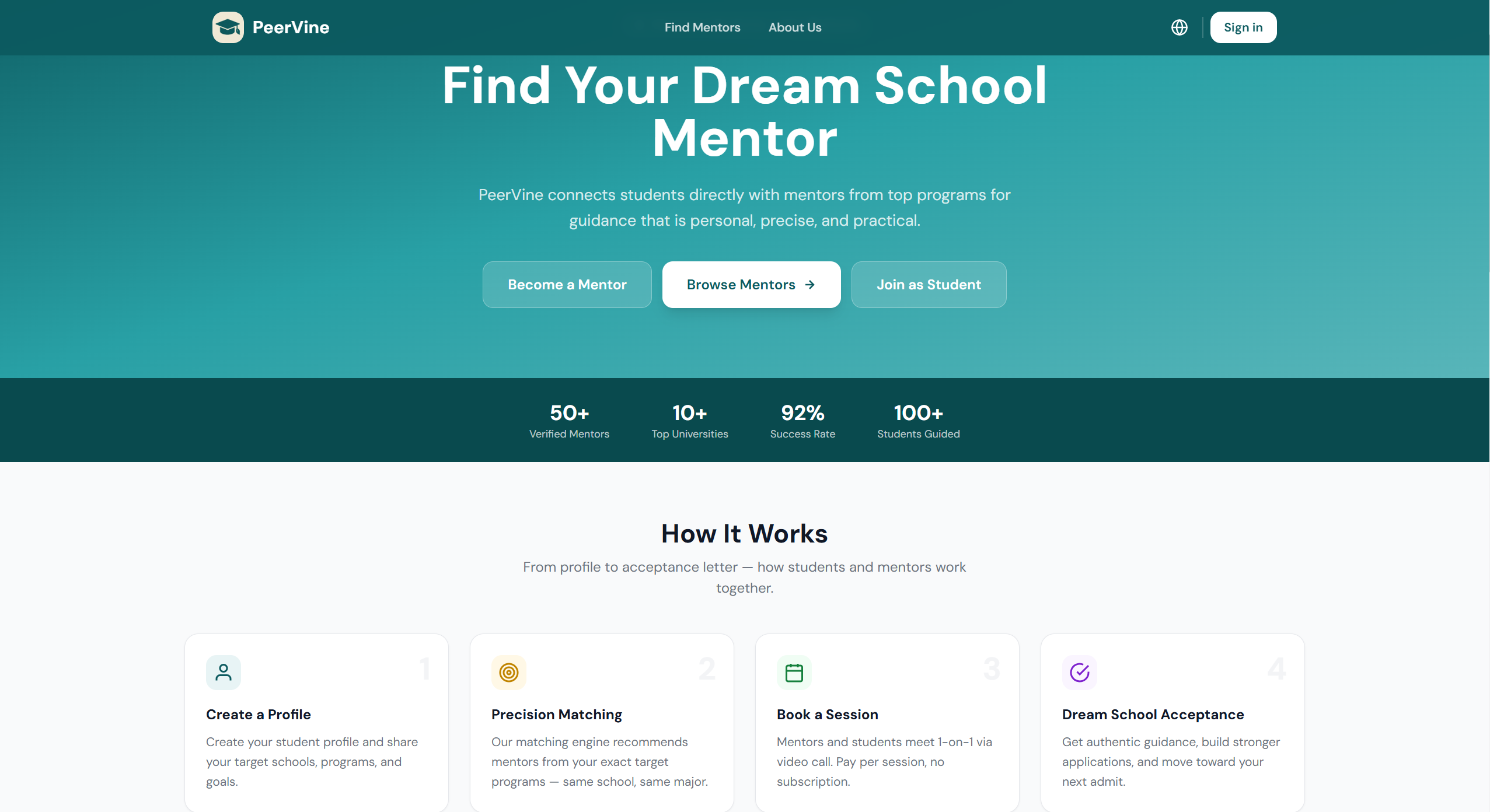 PeerVine homepage with mentor search and verified mentor count
