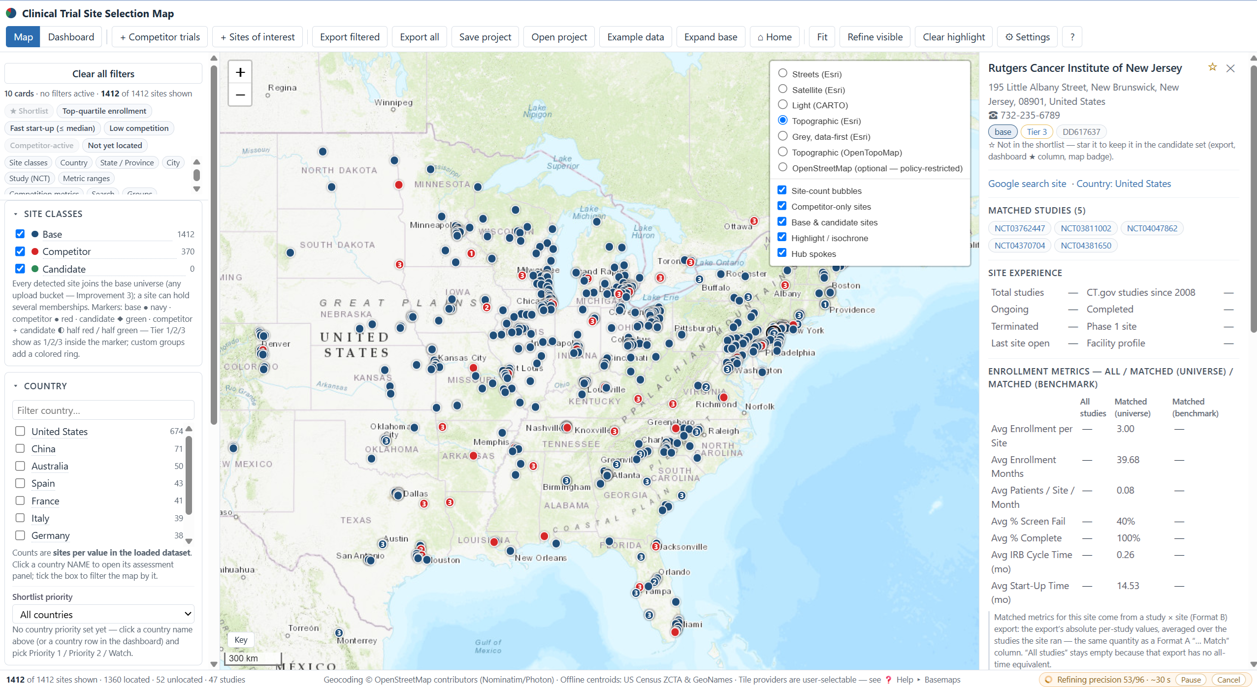Clinical Trial Site Selection Map with trial site markers and study details