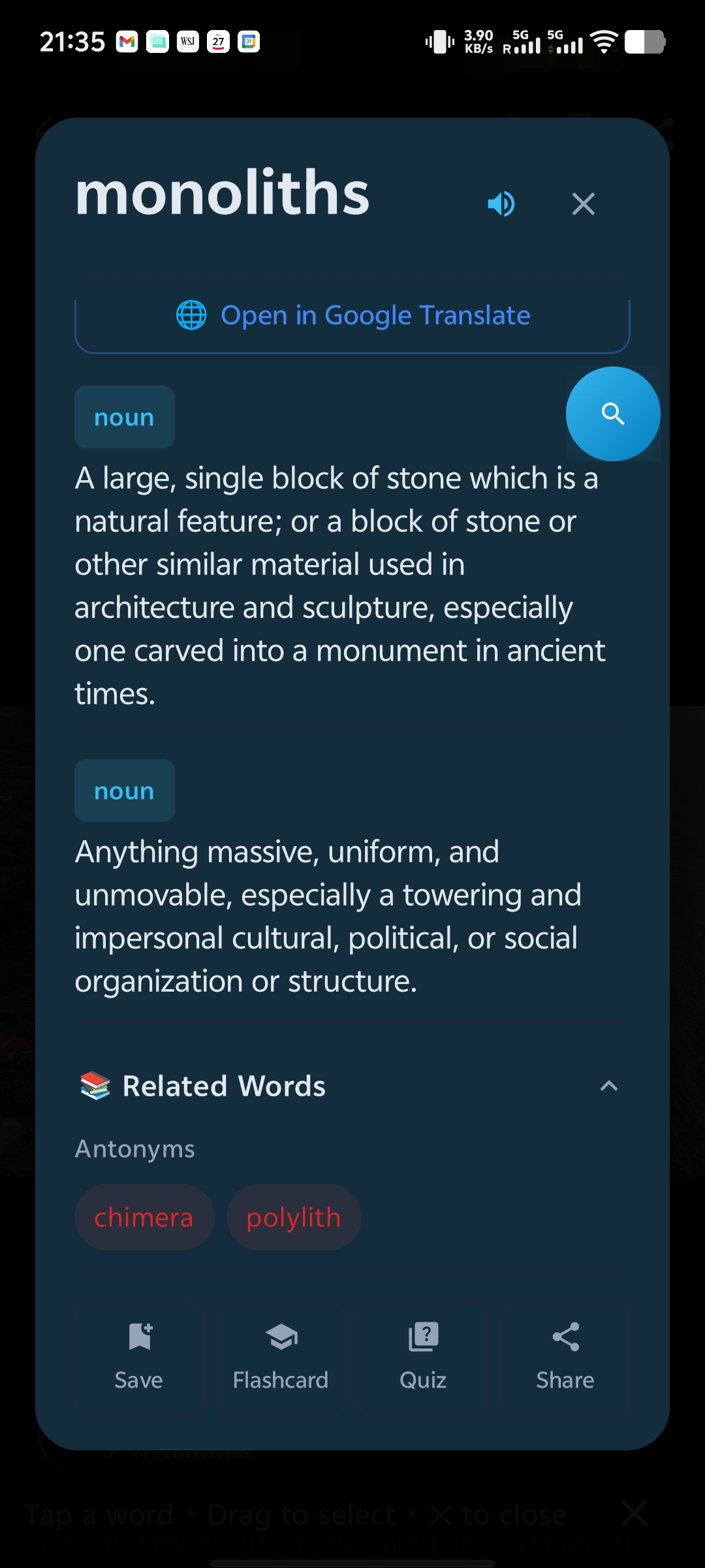 Tap to Learn Android word lookup screen